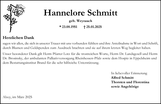 Traueranzeige von Hannelore Schmitt von Allgemeine Zeitung Alzey