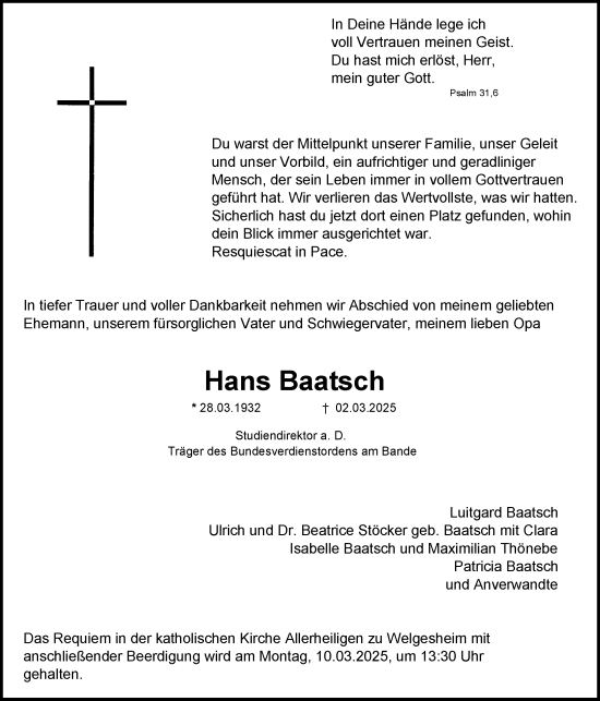 Traueranzeige von Hans Baatsch von Allgemeine Zeitung Rheinhessen-Nahe