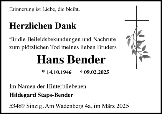 Traueranzeige von Hans Bender von Wiesbadener Kurier