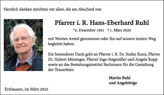 Traueranzeige von Hans-Eberhard Ruhl von Darmstädter Echo
