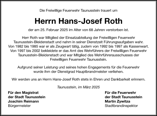 Traueranzeige von Hans-Josef Roth von Idsteiner Land/Untertaunus