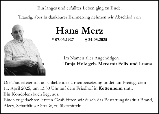 Traueranzeige von Hans Merz von Allgemeine Zeitung Alzey