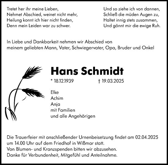 Traueranzeige von Hans Schmidt von Wetzlarer Neue Zeitung