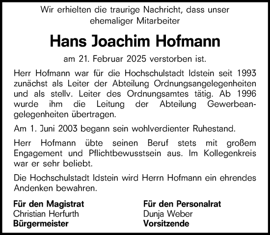 Traueranzeige von Hans Joachim Hofmann von Idsteiner Land/Untertaunus