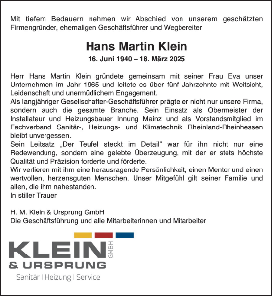 Traueranzeige von Hans Martin Klein von Allgemeine Zeitung Mainz