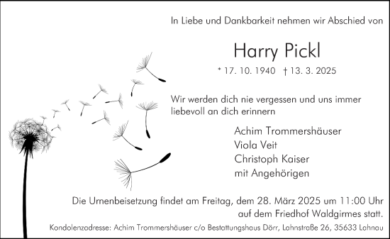 Traueranzeige von Harry Pickl von Wetzlarer Neue Zeitung