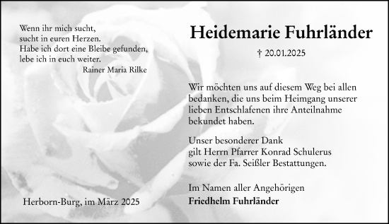 Traueranzeige von Heidemarie Fuhrländer von Dill Block