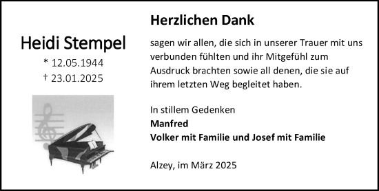 Traueranzeige von Heidi Stempel von Allgemeine Zeitung Alzey