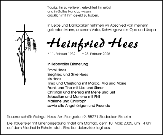 Traueranzeige von Heinfried Hees von Allgemeine Zeitung Mainz