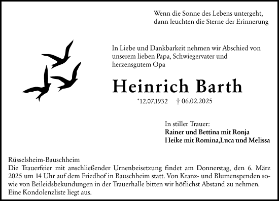Traueranzeige von Heinrich Barth von Rüsselsheimer Echo
