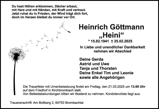 Traueranzeige von Heinrich Göttmann von Odenwälder Echo
