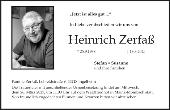 Traueranzeige von Heinrich Zerfaß von Allgemeine Zeitung Mainz