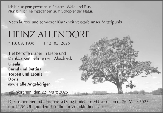 Traueranzeige von Heinz Allendorf von Wetzlarer Neue Zeitung