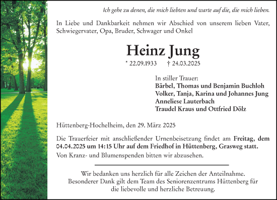 Traueranzeige von Heinz Jung von Wetzlarer Neue Zeitung
