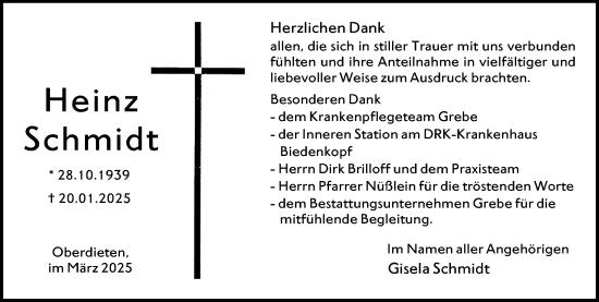 Traueranzeige von Heinz Schmidt von Hinterländer Anzeiger