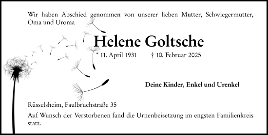 Traueranzeige von Helene Goltsche von Rüsselsheimer Echo