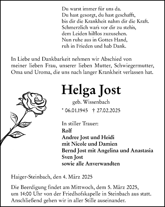 Traueranzeige von Helga Jost von Dill Block