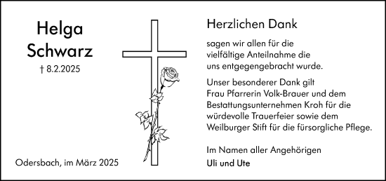 Traueranzeige von Helga Schwarz von Weilburger Tageblatt
