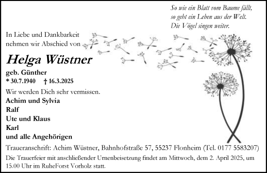 Traueranzeige von Helga Wüstner von Wiesbadener Kurier