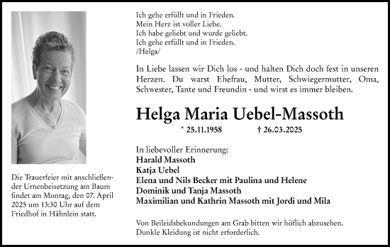 Traueranzeige von Helga Maria Uebel-Massoth von Bergsträßer Anzeiger