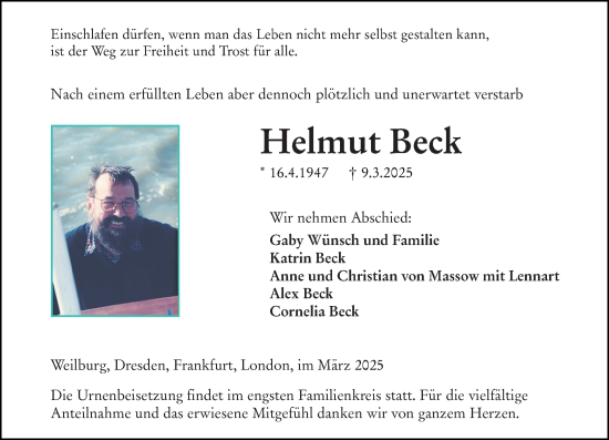 Traueranzeige von Helmut Beck von Weilburger Tageblatt