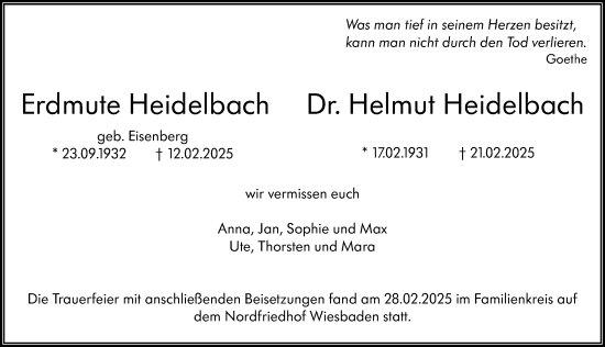 Traueranzeige von Helmut Heidelbach von Wiesbadener Kurier