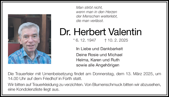 Traueranzeige von Herbert Valentin von Starkenburger Echo