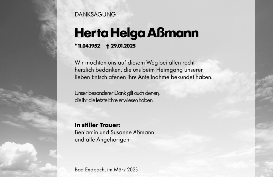 Traueranzeige von Herta Helga Aßmann von Hinterländer Anzeiger