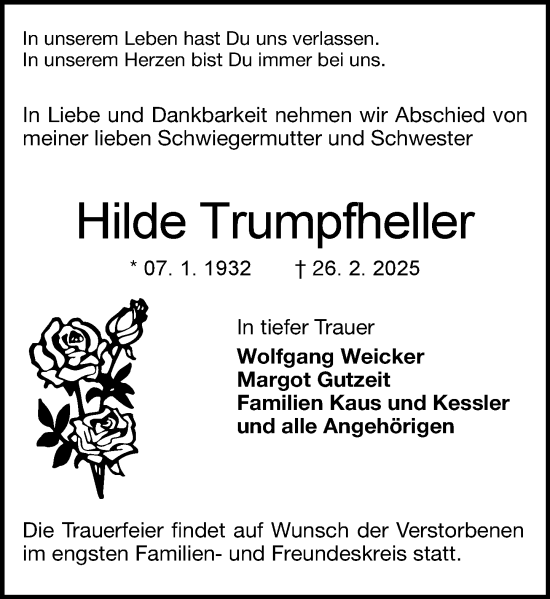 Traueranzeige von Hilde Trumpfheller von Darmstädter Echo