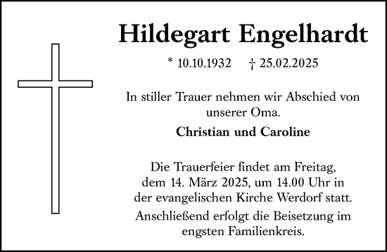 Traueranzeige von Hildegart Engelhardt von Wetzlarer Neue Zeitung
