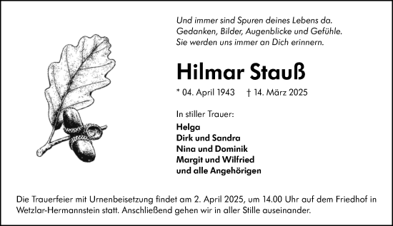 Traueranzeige von Hilmar Stauß von Wetzlarer Neue Zeitung
