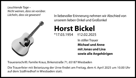 Traueranzeige von Horst Bickel von Wiesbadener Kurier