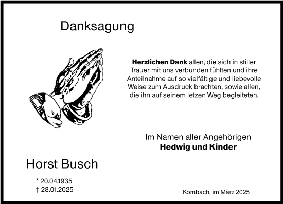 Traueranzeige von Horst Busch von Hinterländer Anzeiger