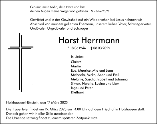 Traueranzeige von Horst Herrmann von Hinterländer Anzeiger