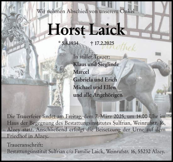 Traueranzeige von Horst Laick von Allgemeine Zeitung Alzey