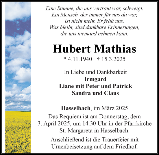 Traueranzeige von Hubert Mathias von Camberger Anzeiger
