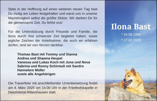 Traueranzeige von Ilona Bast von Dill Block