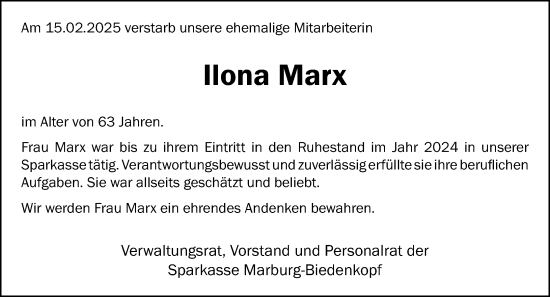 Traueranzeige von Ilona Marx von Hinterländer Anzeiger