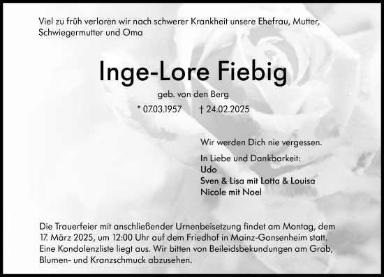 Traueranzeige von Inge-Lore Fiebig von Allgemeine Zeitung Mainz