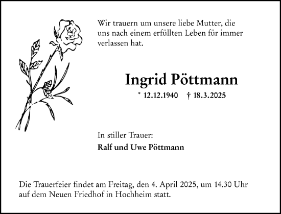 Traueranzeige von Ingrid Pöttmann von Wiesbadener Kurier