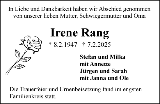 Traueranzeige von Irene Rang von Rüsselsheimer Echo