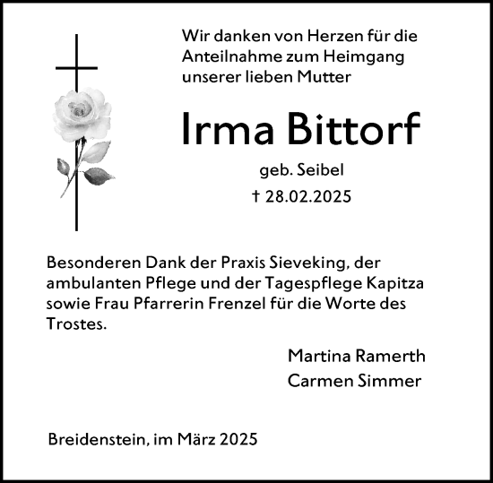 Traueranzeige von Irma Bittorf von Hinterländer Anzeiger