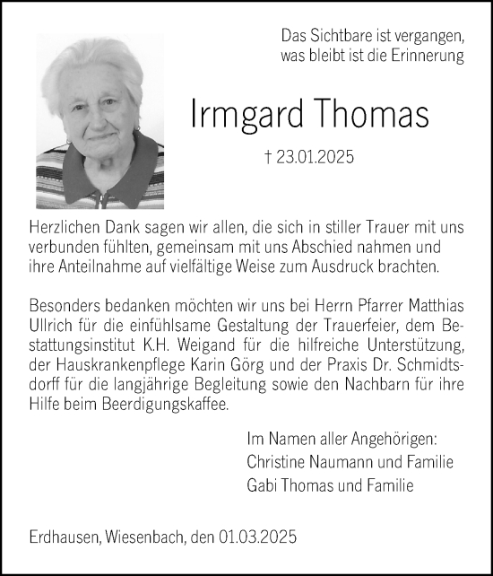 Traueranzeige von Irmgard Thomas von Hinterländer Anzeiger