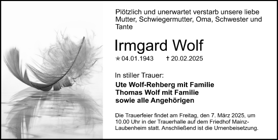 Traueranzeige von Irmgard Wolf von Allgemeine Zeitung Mainz