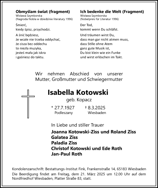 Traueranzeige von Isabella Kotowski von Wiesbadener Kurier