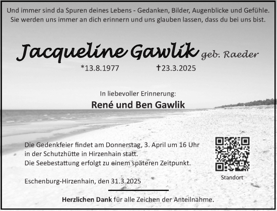 Traueranzeige von Jacqueline Gawlik von Hinterländer Anzeiger