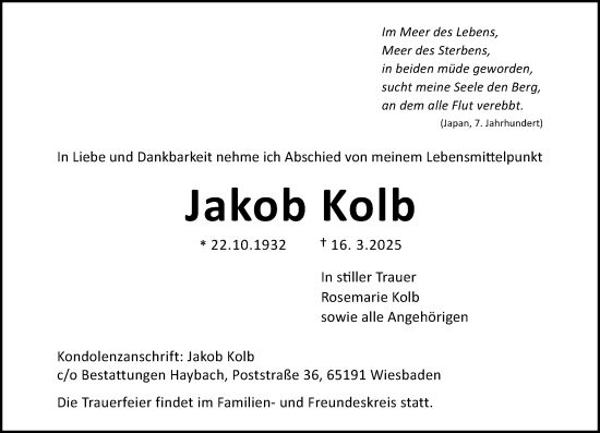 Traueranzeige von Jakob Kolb von Wiesbadener Kurier