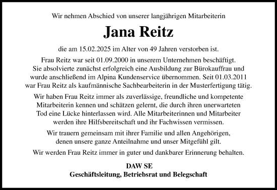 Traueranzeige von Jana Reitz von Darmstädter Echo