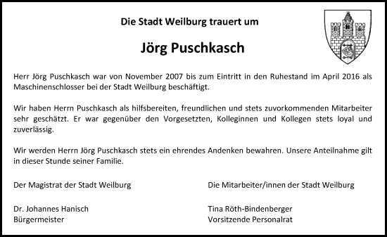 Traueranzeige von Jörg Puschkasch von Weilburger Tageblatt