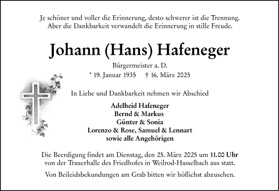 Traueranzeige von Johann Hafeneger von Camberger Anzeiger